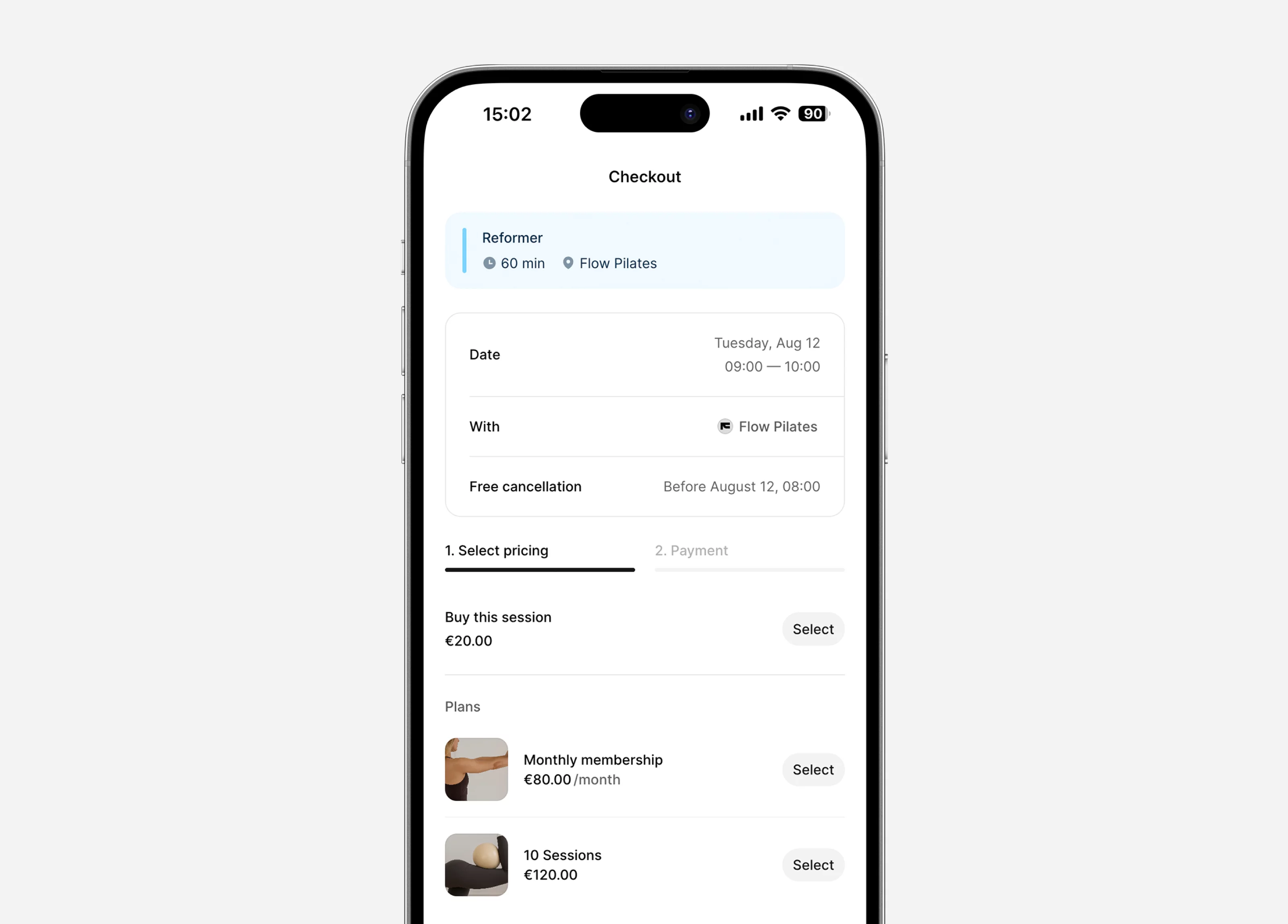 Mobile checkout screen for booking a Pilates reformer class, showing date, time, pricing options, and membership plans.